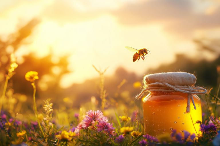 Biene fliegt im Sonnenuntergang auf ein Honig-Glas zu