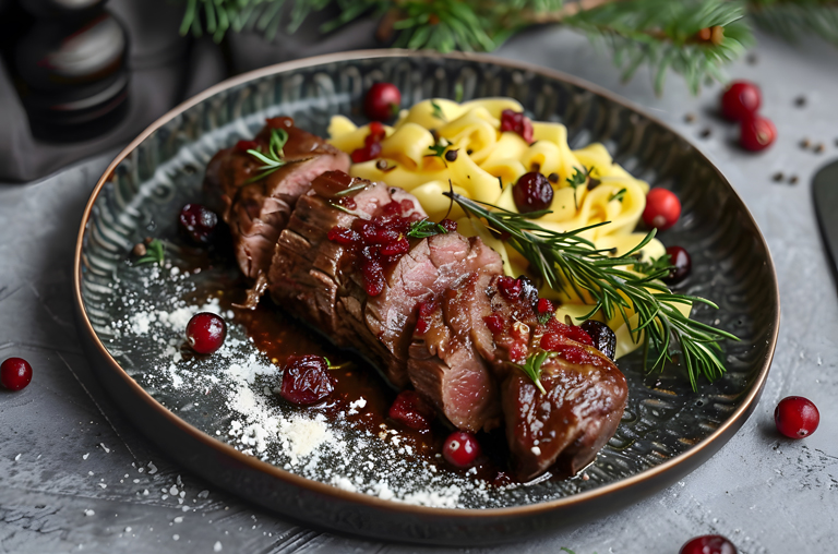 deftiger Hirschbraten als Hauptgericht für das Weihnachtsmenü