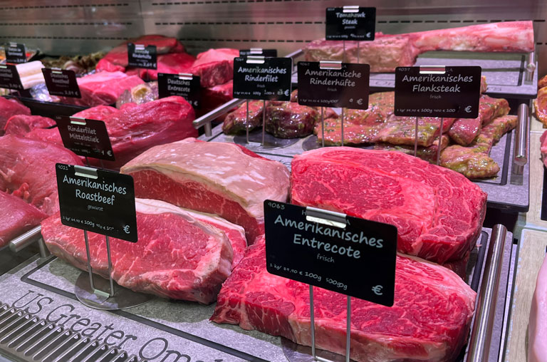 Nebraska Beef, Greater Omaha Packers Company in den Kutsche-Märkten, Entrecote, Flank Steak, Hüfte, Filet, Roastbeef und Tomahawk